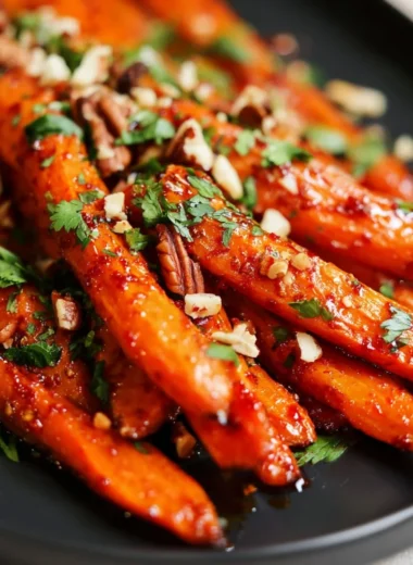 Oven roasted carrots glazed with gochujang sauce for a spicy side dish.