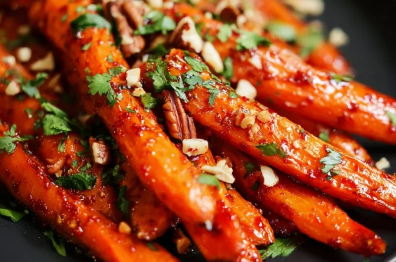 Oven roasted carrots glazed with gochujang sauce for a spicy side dish.