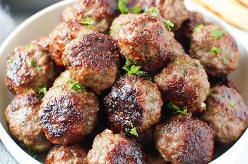 Homemade Greek meatballs served with tzatziki sauce and herbs