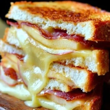 Melted grilled cheese sandwich on a plate with a golden crust