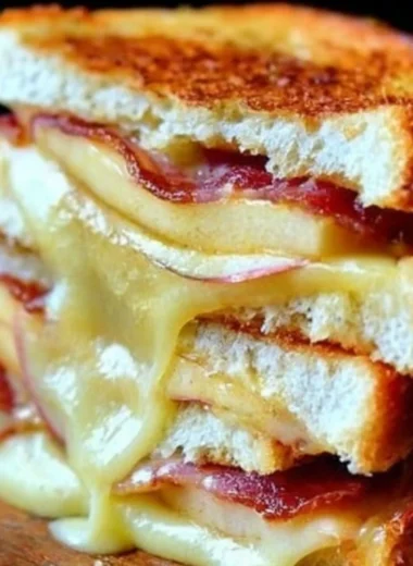 Melted grilled cheese sandwich on a plate with a golden crust