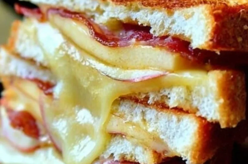 Melted grilled cheese sandwich on a plate with a golden crust