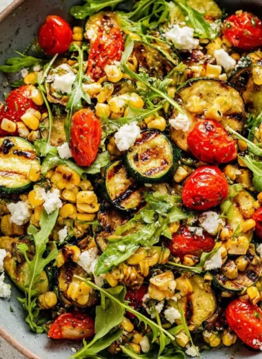 Colorful grilled zucchini salad with fresh vegetables and dressing