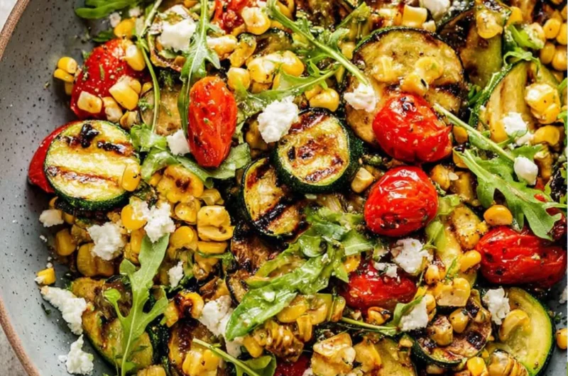 Colorful grilled zucchini salad with fresh vegetables and dressing