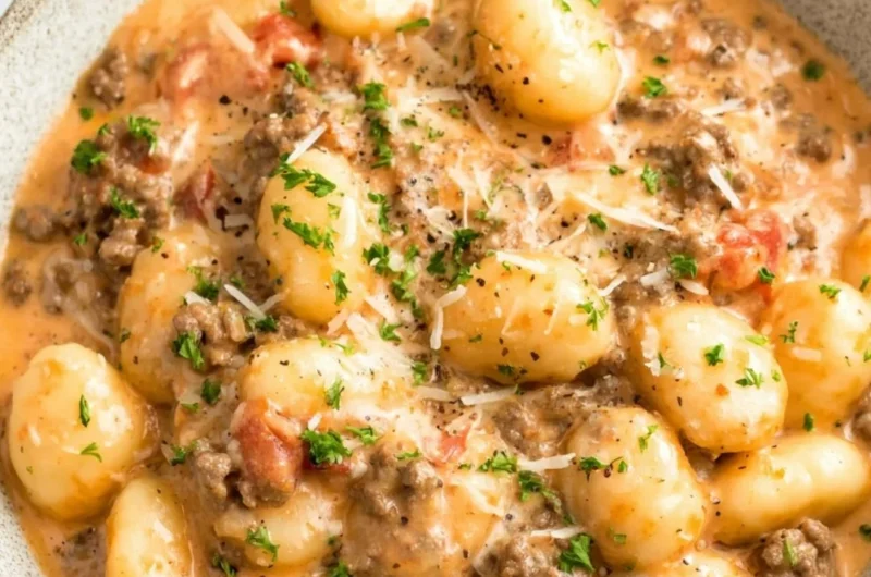 Plate of Ground Beef Gnocchi topped with parsley and cheese