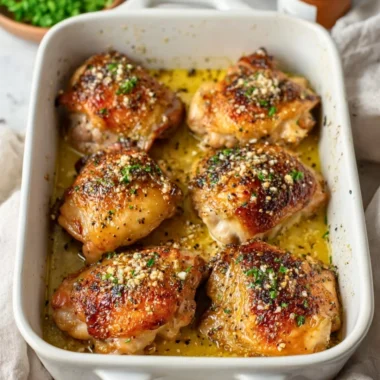 Herb garlic butter chicken thighs garnished with fresh herbs