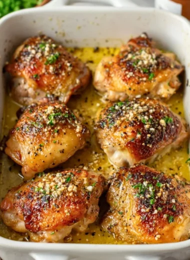 Herb garlic butter chicken thighs garnished with fresh herbs