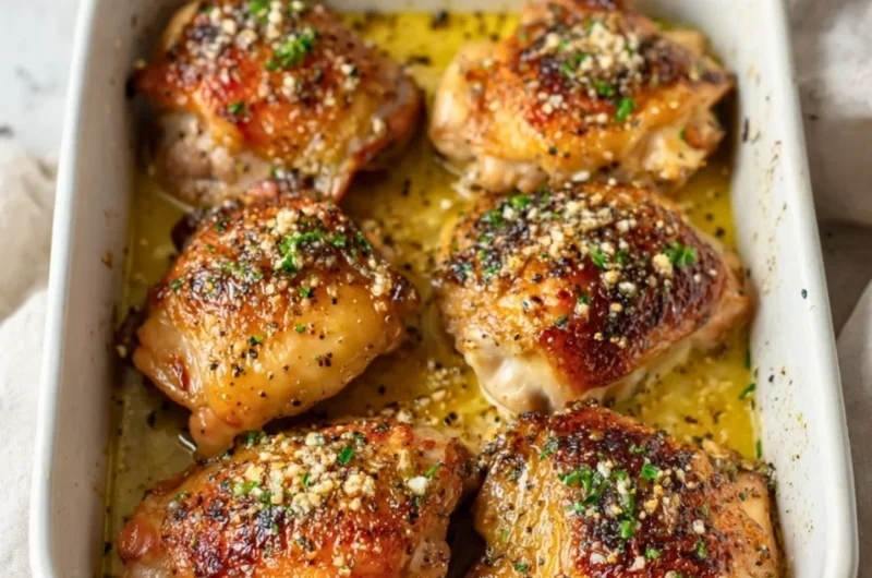 Herb garlic butter chicken thighs garnished with fresh herbs