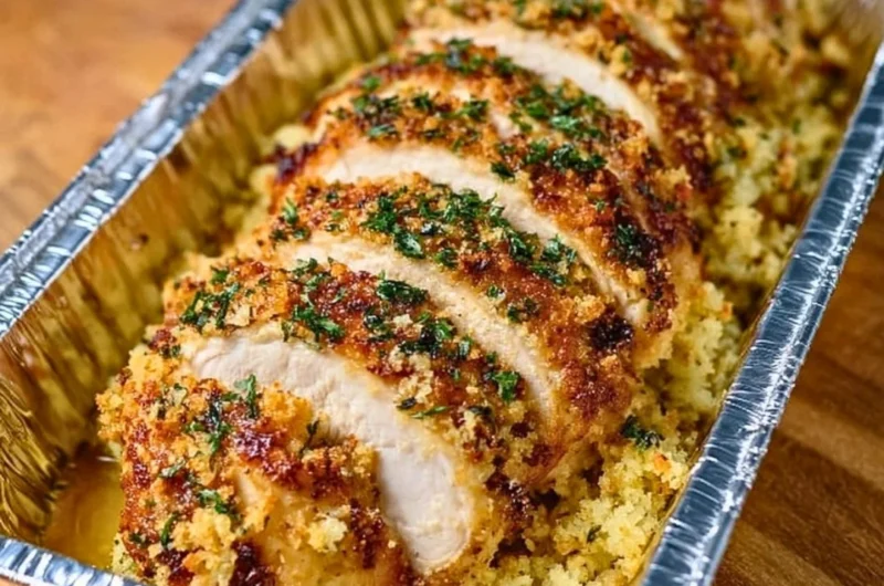 Herbed Chicken served with savory stuffing on a white plate