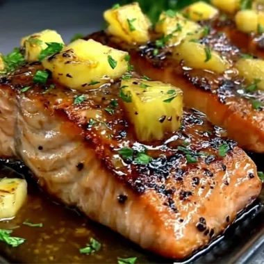 A plate of grilled Honey Pineapple Salmon garnished with fresh herbs.