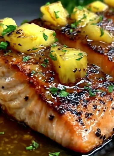 A plate of grilled Honey Pineapple Salmon garnished with fresh herbs.