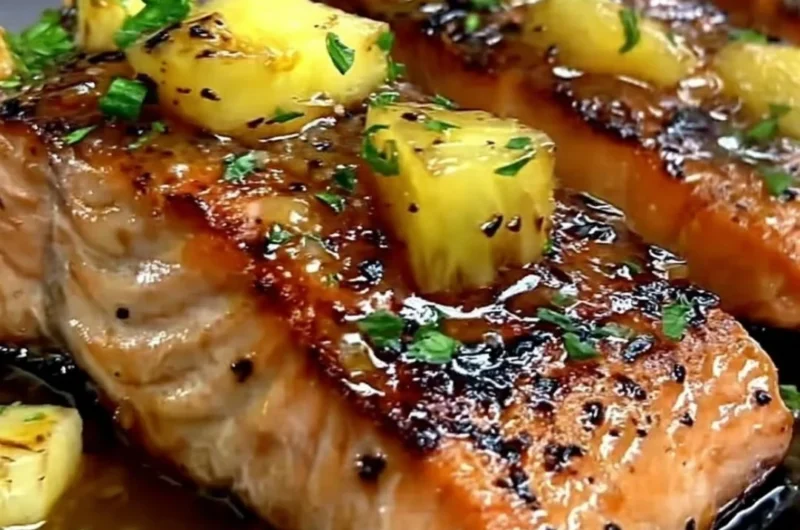 A plate of grilled Honey Pineapple Salmon garnished with fresh herbs.