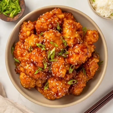Plate of Honey Sesame Chicken garnished with sesame seeds and green onions