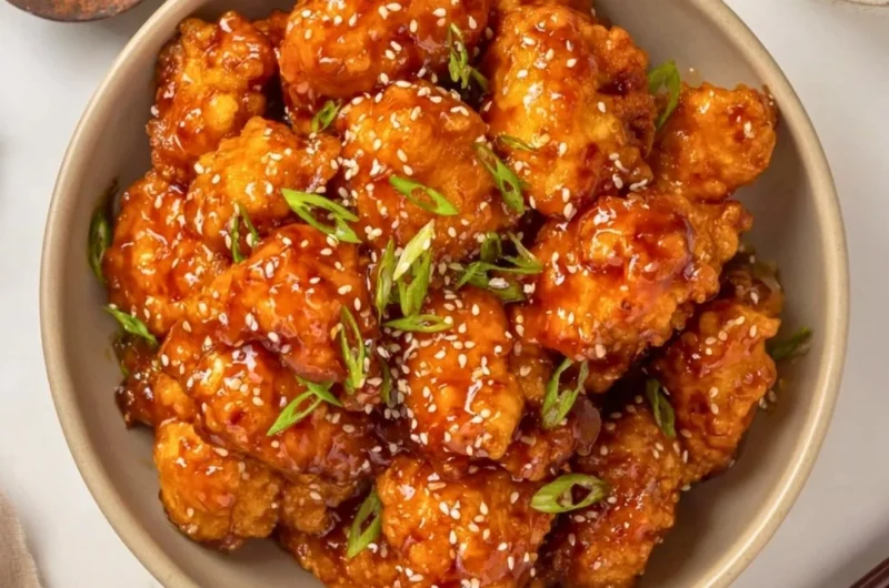 Plate of Honey Sesame Chicken garnished with sesame seeds and green onions