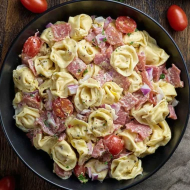Italian Grinder Tortellini Salad with fresh vegetables and dressing