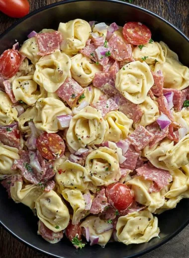 Italian Grinder Tortellini Salad with fresh vegetables and dressing
