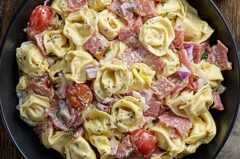 Italian Grinder Tortellini Salad with fresh vegetables and dressing