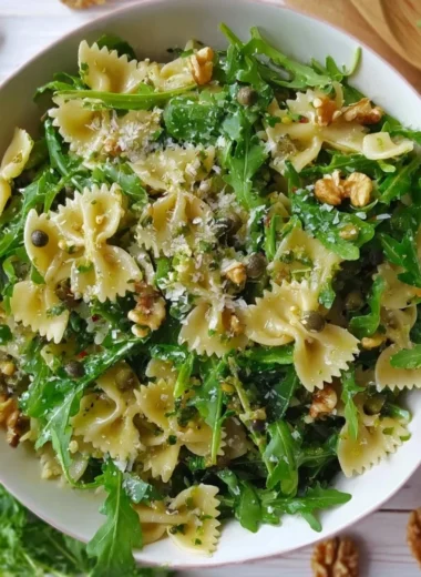A vibrant bowl of Lemon Arugula Pasta Salad with fresh ingredients and a zesty dressing
