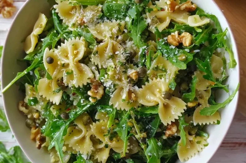 A vibrant bowl of Lemon Arugula Pasta Salad with fresh ingredients and a zesty dressing