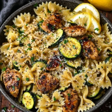 A vibrant plate of Lemon Chicken Pasta garnished with parsley and lemon slices.