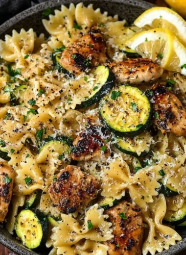 A vibrant plate of Lemon Chicken Pasta garnished with parsley and lemon slices.
