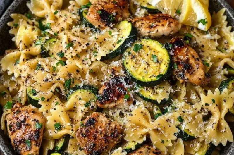 A vibrant plate of Lemon Chicken Pasta garnished with parsley and lemon slices.