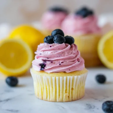 Lemon cupcakes topped with blueberry buttercream on a rustic table.