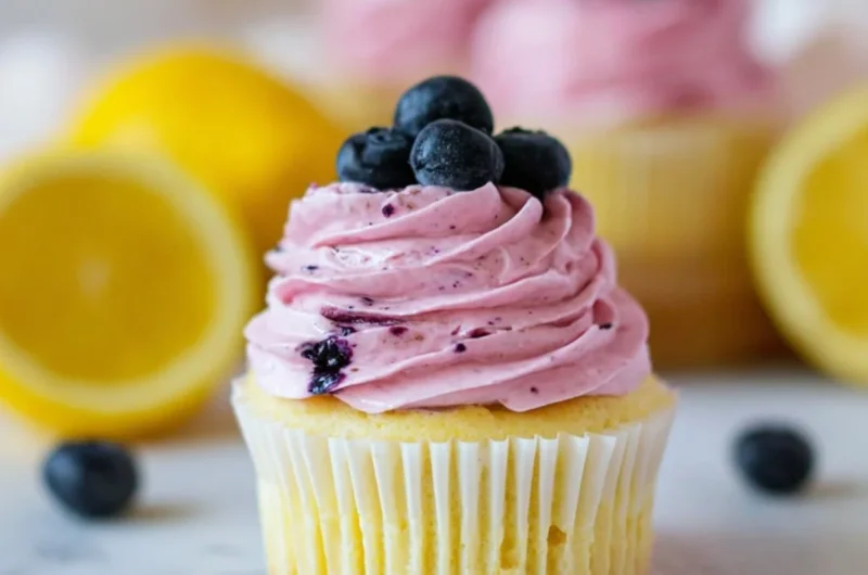 Lemon cupcakes topped with blueberry buttercream on a rustic table.