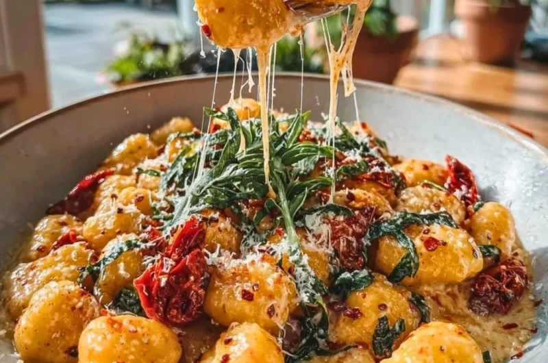 Delicious Marry Me Gnocchi served on a plate with fresh herbs and cheese