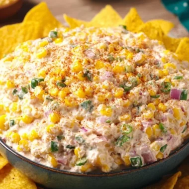 Creamy Mexican corn dip served in a colorful bowl with tortilla chips.