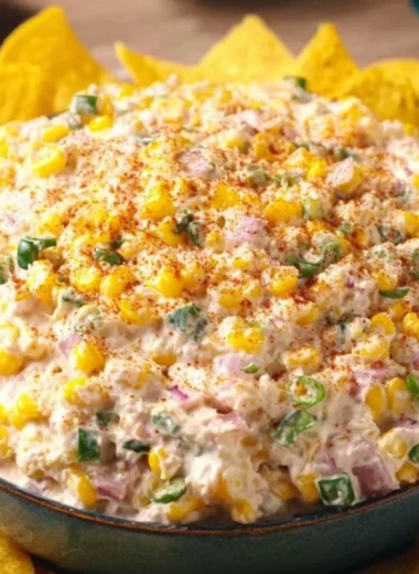 Creamy Mexican corn dip served in a colorful bowl with tortilla chips.