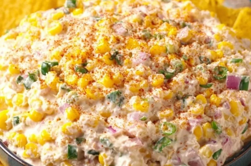 Creamy Mexican corn dip served in a colorful bowl with tortilla chips.