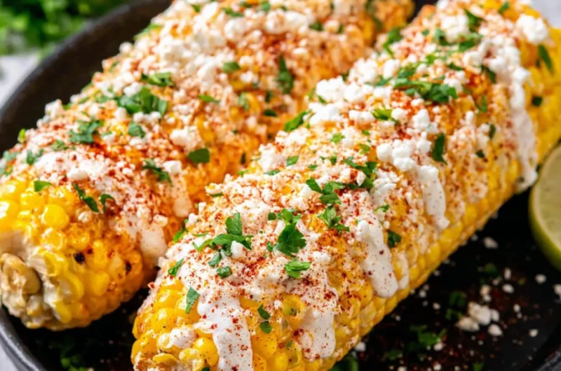 Delicious Mexican Street Corn (Elote) topped with cheese and spices