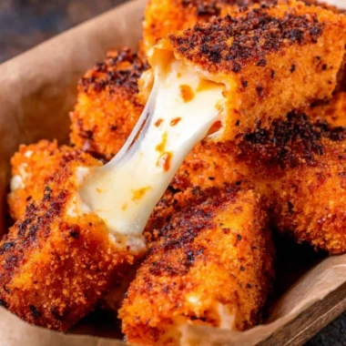 Spicy Nashville hot mozzarella sticks served with dipping sauce