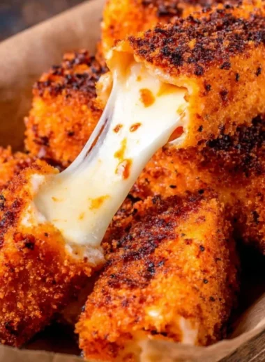 Spicy Nashville hot mozzarella sticks served with dipping sauce