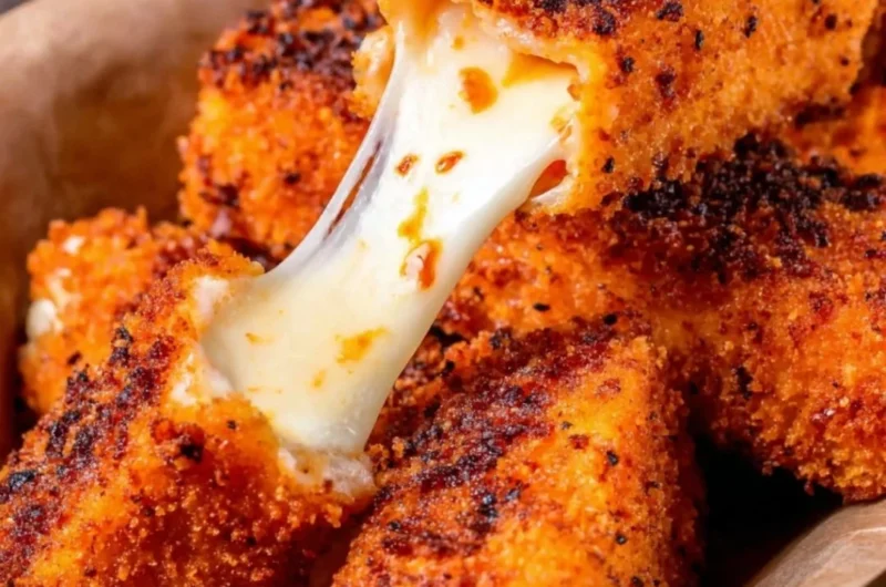 Spicy Nashville hot mozzarella sticks served with dipping sauce