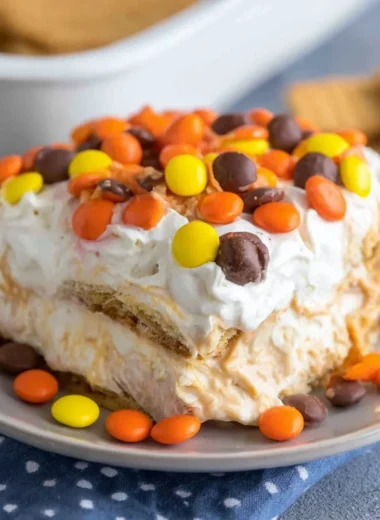 No Bake Peanut Butter Icebox Cake topped with chocolate and peanuts