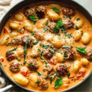One pan creamy gnocchi with sausage dish garnished with herbs.