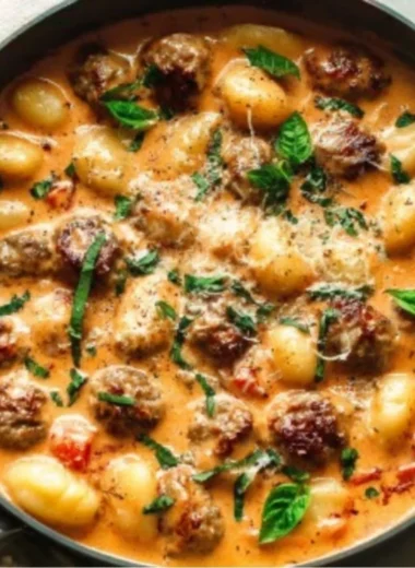 One pan creamy gnocchi with sausage dish garnished with herbs.