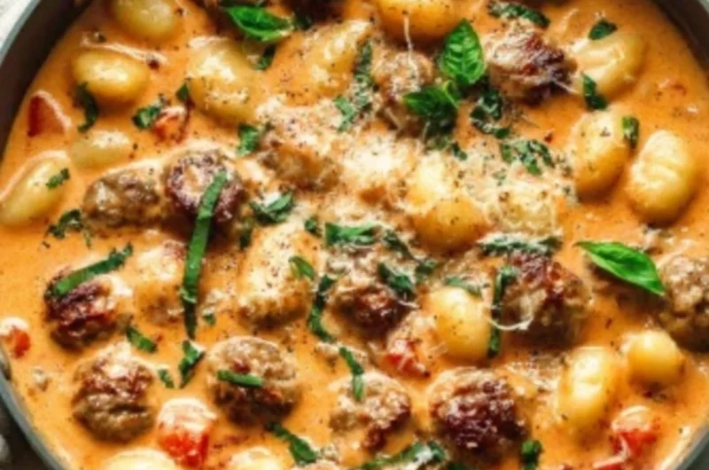 One pan creamy gnocchi with sausage dish garnished with herbs.