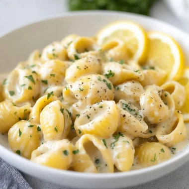 Delicious ONE POT Garlic Butter Pasta garnished with herbs and parmesan cheese.
