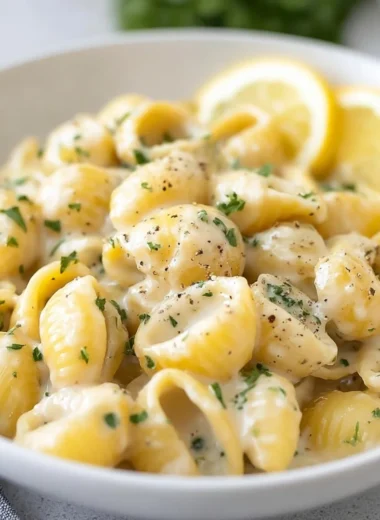 Delicious ONE POT Garlic Butter Pasta garnished with herbs and parmesan cheese.