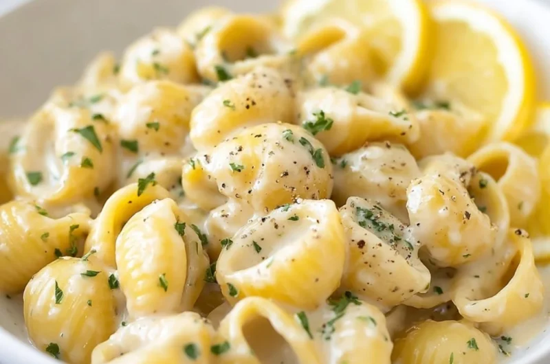 Delicious ONE POT Garlic Butter Pasta garnished with herbs and parmesan cheese.