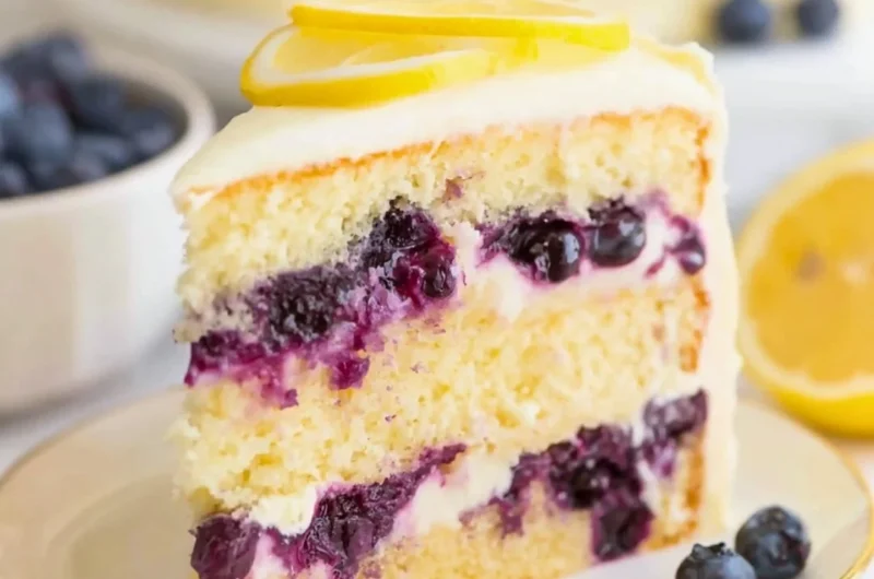 Delicious lemon blueberry cake topped with fresh blueberries and lemon zest