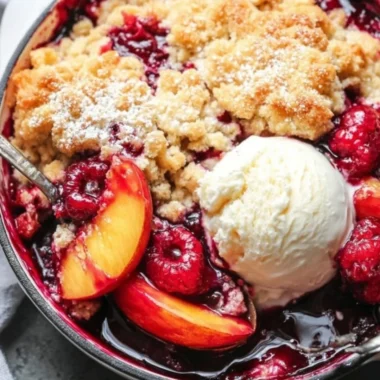 Fresh peach cobbler with raspberries baked golden brown, served in a dish