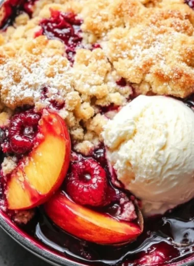 Fresh peach cobbler with raspberries baked golden brown, served in a dish
