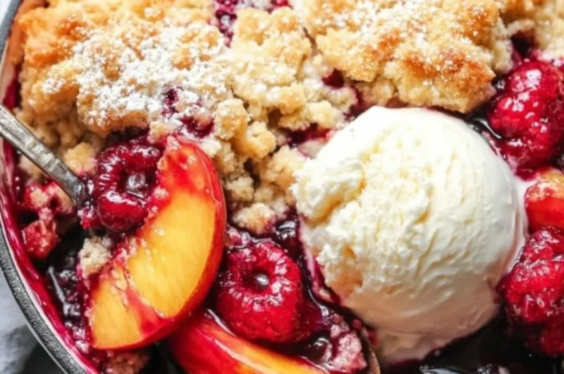 Fresh peach cobbler with raspberries baked golden brown, served in a dish