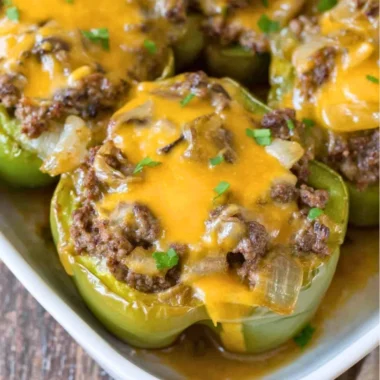 Philly Cheesesteak stuffed peppers filled with juicy steak, cheese, and peppers.