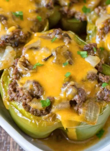 Philly Cheesesteak stuffed peppers filled with juicy steak, cheese, and peppers.
