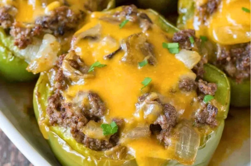 Philly Cheesesteak stuffed peppers filled with juicy steak, cheese, and peppers.